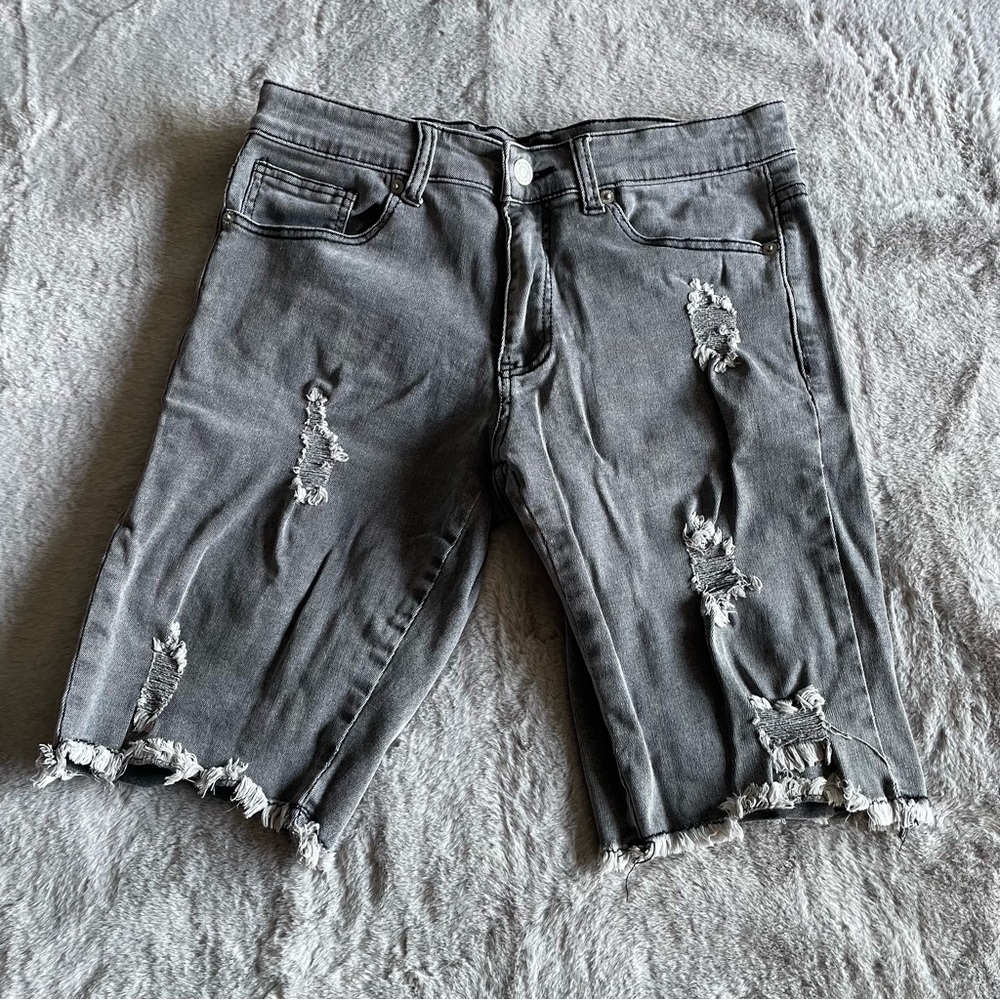 WLKN - Gray Distressed Denim Long Shorts